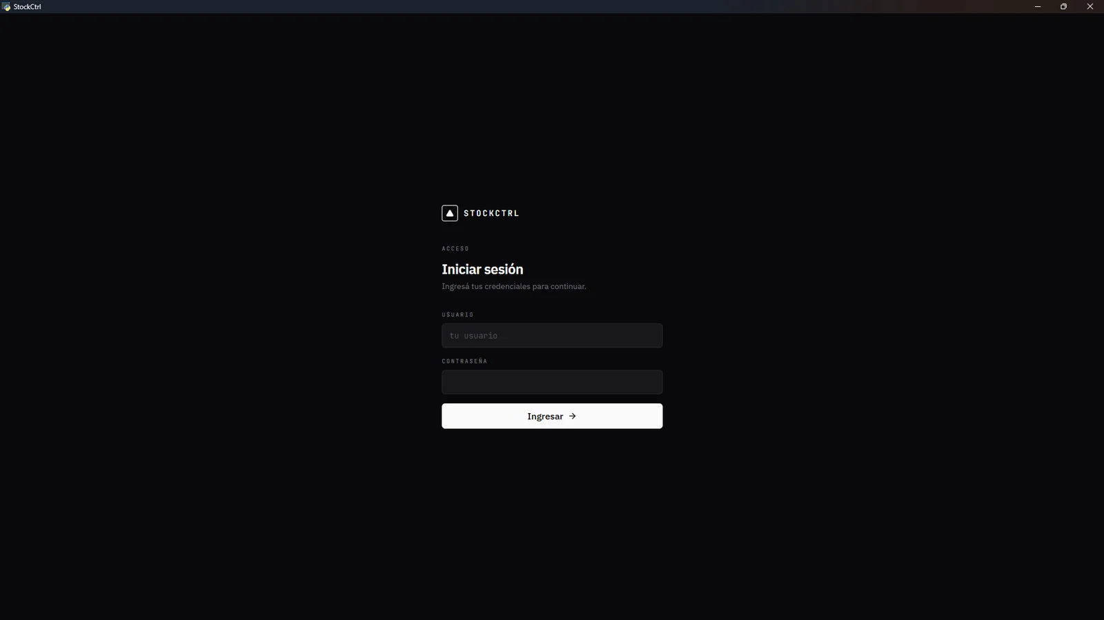 Pantalla de inicio de sesión de StockCtrl con campos de usuario y contraseña